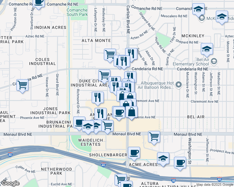 map of restaurants, bars, coffee shops, grocery stores, and more near 3421 Claremont Avenue Northeast in Albuquerque