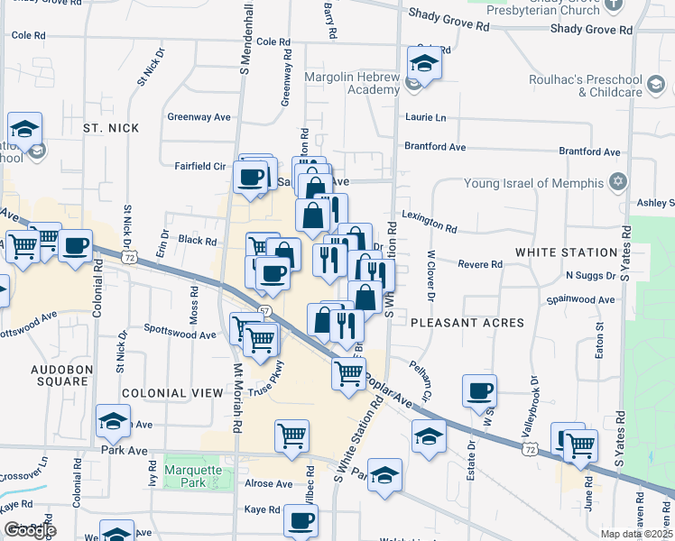 map of restaurants, bars, coffee shops, grocery stores, and more near 721 West Brookhaven Circle in Memphis