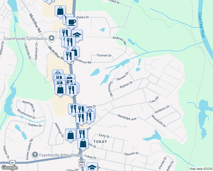 map of restaurants, bars, coffee shops, grocery stores, and more near 3905 Daytona Road in Fayetteville
