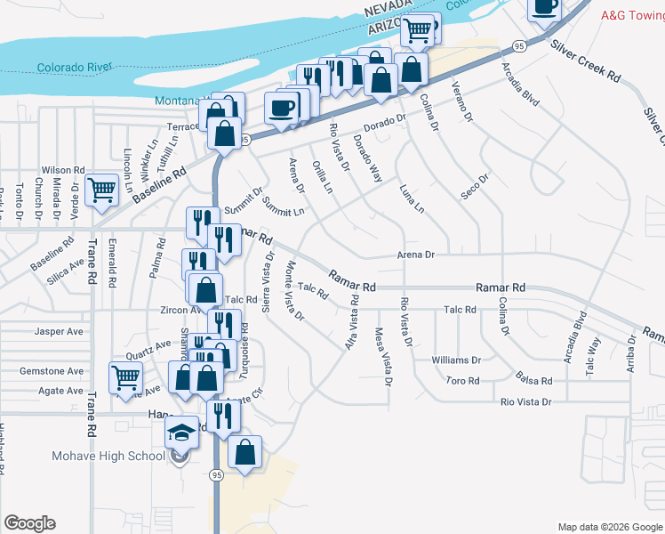 map of restaurants, bars, coffee shops, grocery stores, and more near 1629 Ramar Road in Bullhead City