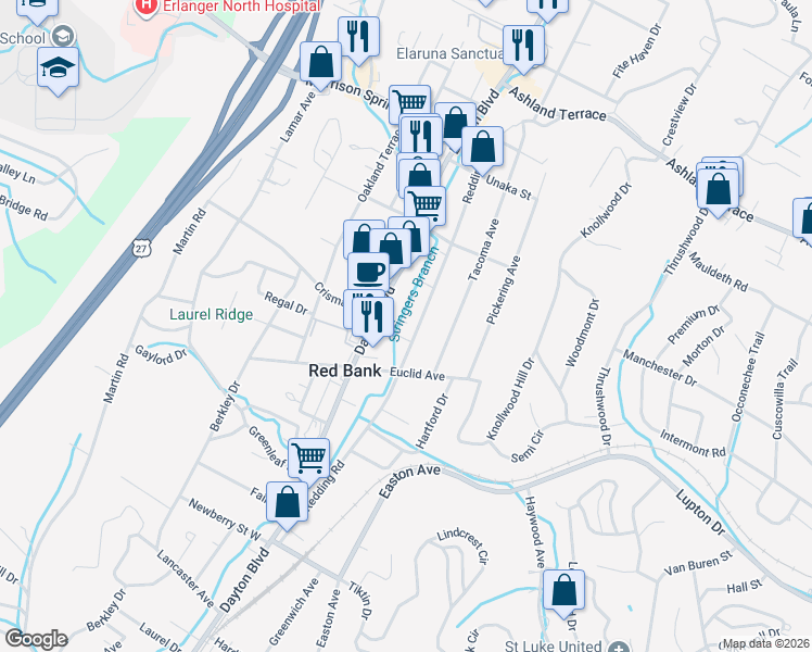 map of restaurants, bars, coffee shops, grocery stores, and more near 3515 Redding Road in Chattanooga