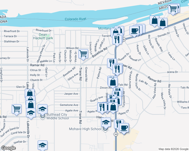 map of restaurants, bars, coffee shops, grocery stores, and more near 1547 Palma Road in Bullhead City