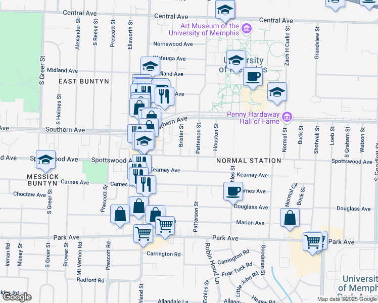 map of restaurants, bars, coffee shops, grocery stores, and more near 3610 Spottswood Avenue in Memphis