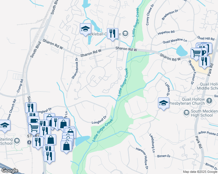 map of restaurants, bars, coffee shops, grocery stores, and more near 8330 Riverbirch Drive in Charlotte