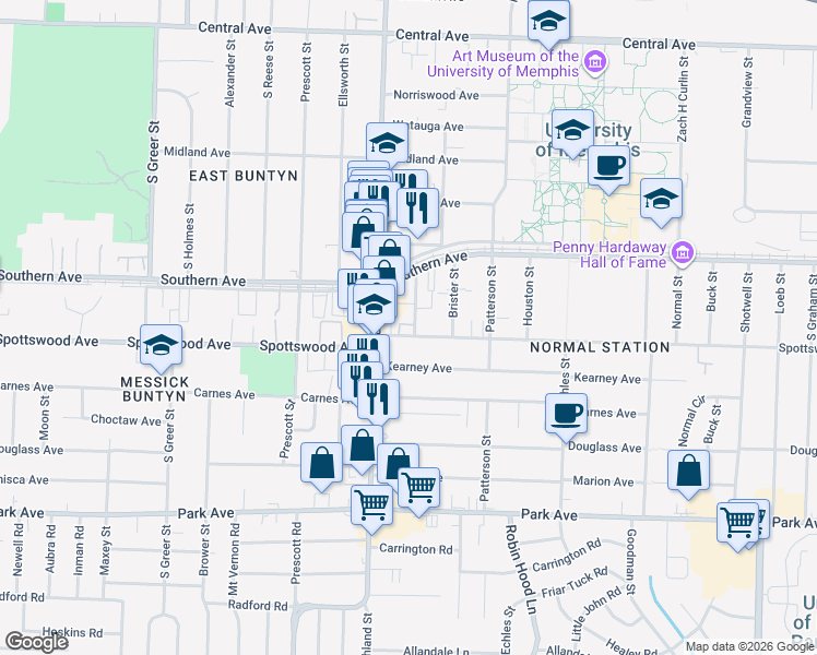 map of restaurants, bars, coffee shops, grocery stores, and more near 3536 Spottswood Avenue in Memphis