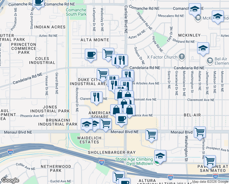 map of restaurants, bars, coffee shops, grocery stores, and more near 3421 Claremont Avenue Northeast in Albuquerque