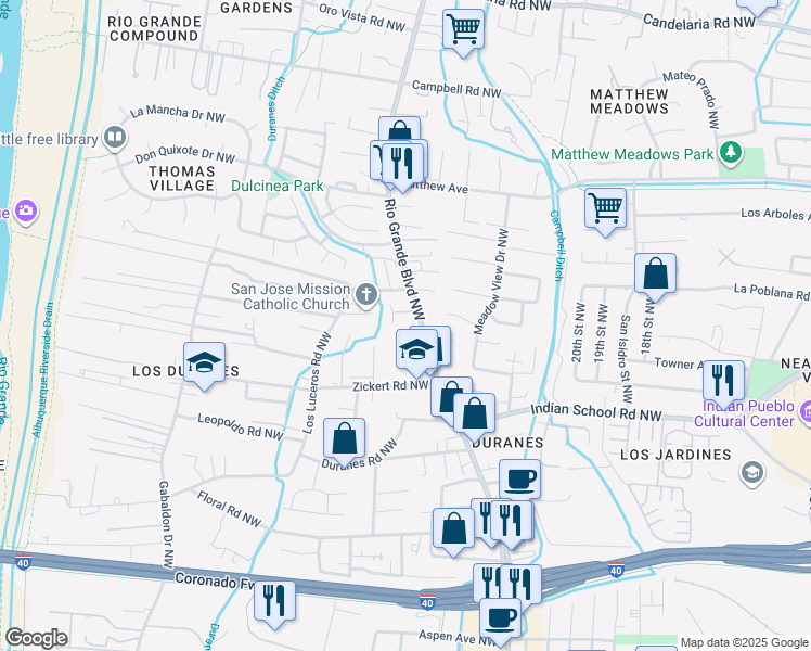 map of restaurants, bars, coffee shops, grocery stores, and more near 2432 Plaza Vizcaya Northwest in Albuquerque