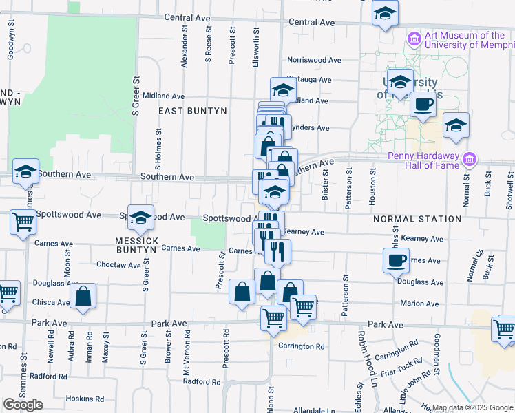 map of restaurants, bars, coffee shops, grocery stores, and more near 690 Hobbs Drive in Memphis