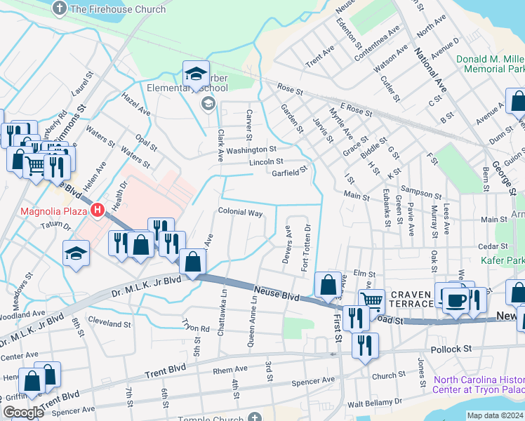 map of restaurants, bars, coffee shops, grocery stores, and more near 1606 Colonial Way in New Bern