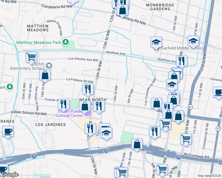 map of restaurants, bars, coffee shops, grocery stores, and more near 1030 La Poblana Road Northwest in Albuquerque
