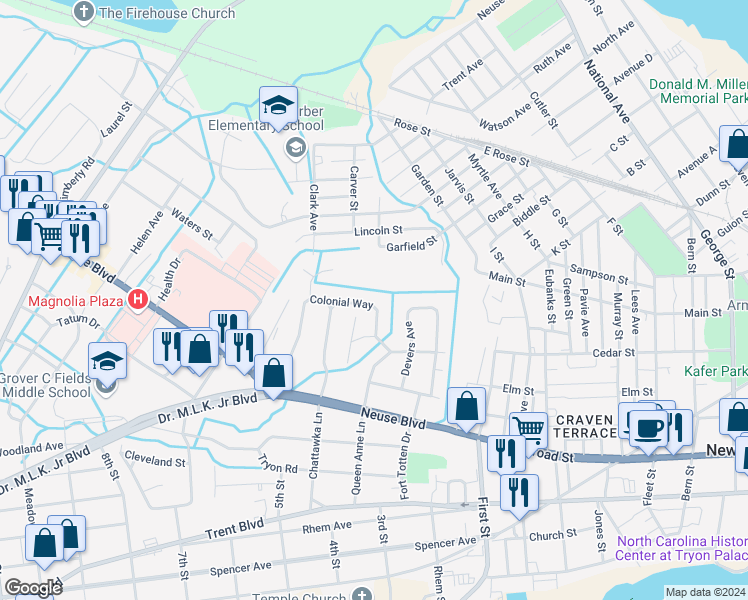 map of restaurants, bars, coffee shops, grocery stores, and more near 1606 Colonial Way in New Bern