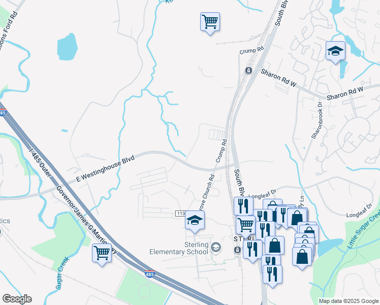 map of restaurants, bars, coffee shops, grocery stores, and more near 950 Crafters Lane in Pineville