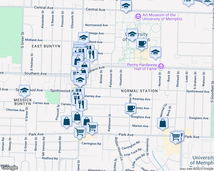 map of restaurants, bars, coffee shops, grocery stores, and more near 3612 Spottswood Avenue in Memphis