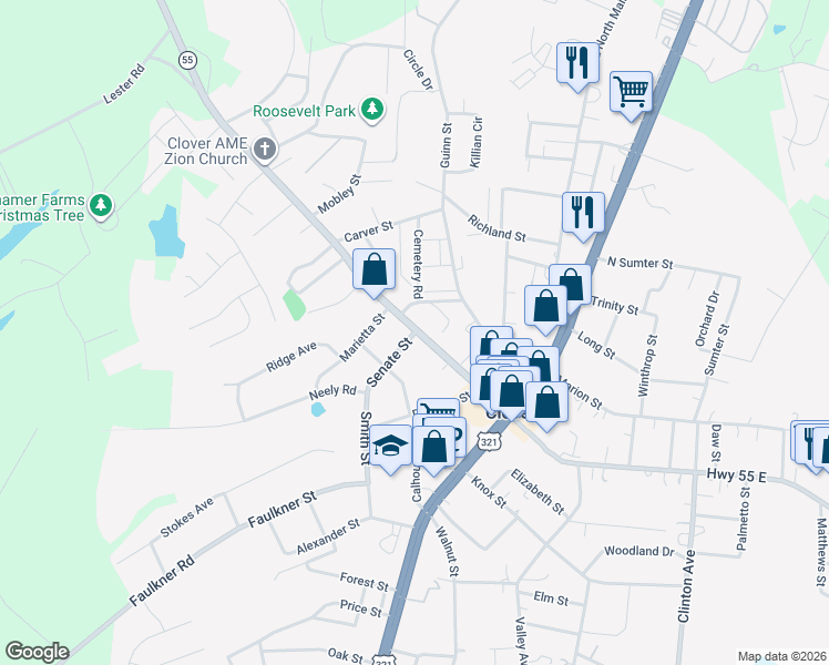 map of restaurants, bars, coffee shops, grocery stores, and more near 104 Senate Street in Clover