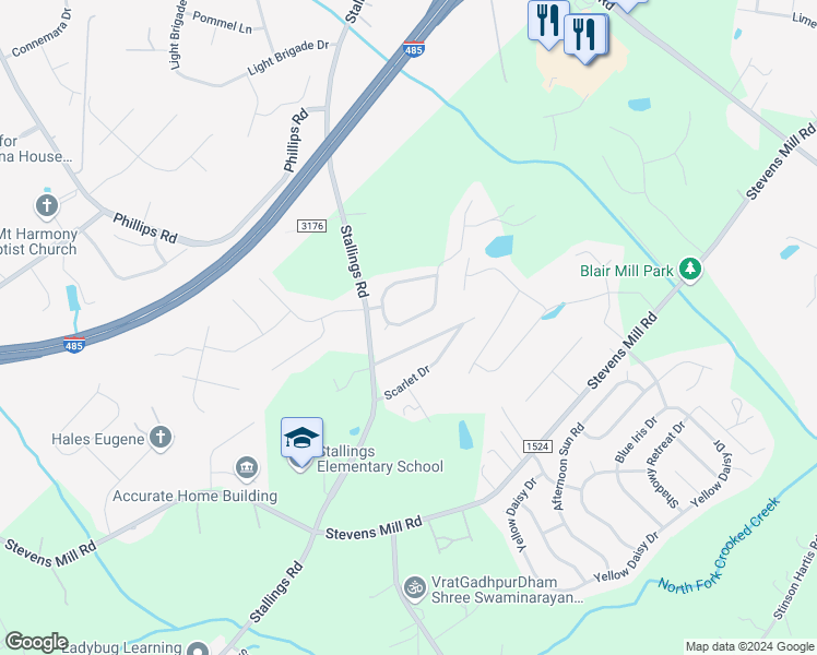 map of restaurants, bars, coffee shops, grocery stores, and more near 4206 Lawrence Daniel Drive in Matthews