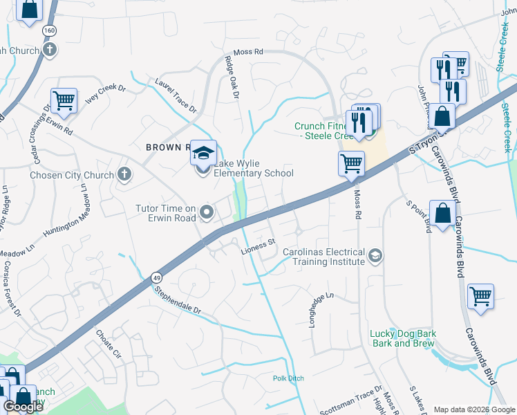 map of restaurants, bars, coffee shops, grocery stores, and more near 11518 Shaded Court in Charlotte