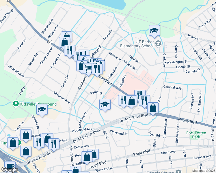 map of restaurants, bars, coffee shops, grocery stores, and more near 2201 Neuse Boulevard in New Bern