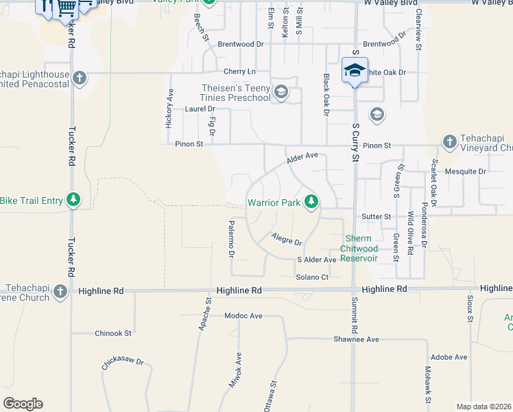 map of restaurants, bars, coffee shops, grocery stores, and more near 1412 Alder Avenue in Tehachapi
