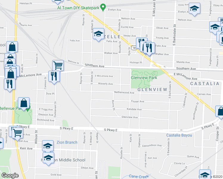 map of restaurants, bars, coffee shops, grocery stores, and more near 1642 Netherwood Avenue in Memphis