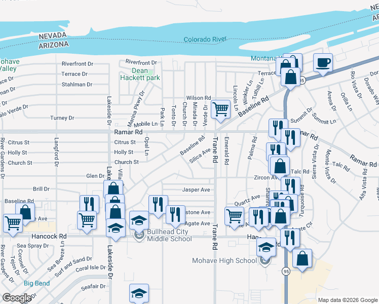 map of restaurants, bars, coffee shops, grocery stores, and more near 1211 Silica Avenue in Bullhead City