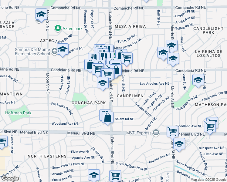 map of restaurants, bars, coffee shops, grocery stores, and more near 2612 Eubank Boulevard Northeast in Albuquerque