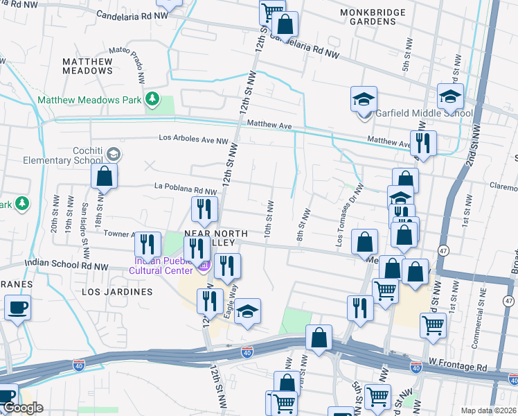 map of restaurants, bars, coffee shops, grocery stores, and more near 1030 La Poblana Road Northwest in Albuquerque