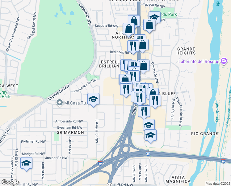 map of restaurants, bars, coffee shops, grocery stores, and more near 5901 Ouray Road Northwest in Albuquerque