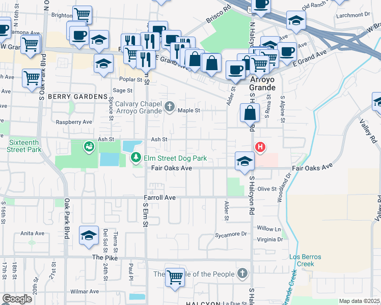 map of restaurants, bars, coffee shops, grocery stores, and more near 365 Walnut Street in Arroyo Grande