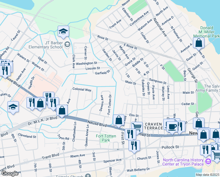 map of restaurants, bars, coffee shops, grocery stores, and more near 916 Fort Totten Dr in New Bern