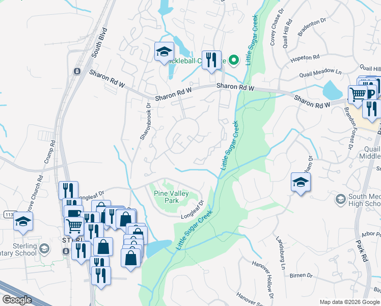 map of restaurants, bars, coffee shops, grocery stores, and more near 8302 Knights Bridge Road in Charlotte