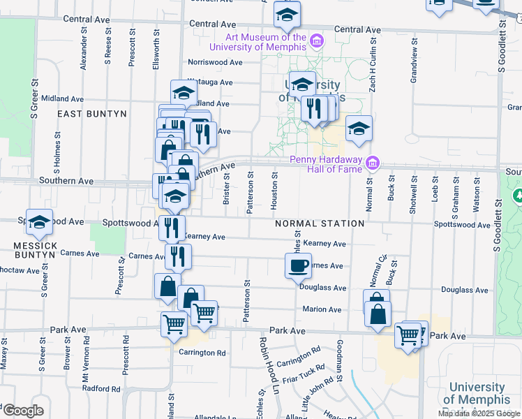 map of restaurants, bars, coffee shops, grocery stores, and more near 3670 Spottswood Avenue in Memphis