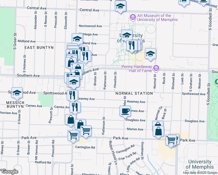 map of restaurants, bars, coffee shops, grocery stores, and more near 3670 Spottswood Avenue in Memphis