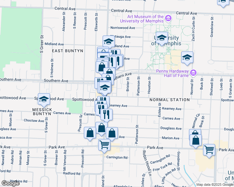 map of restaurants, bars, coffee shops, grocery stores, and more near 3536 Spottswood Avenue in Memphis