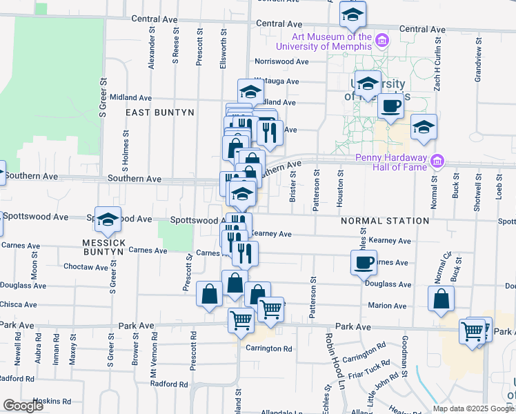 map of restaurants, bars, coffee shops, grocery stores, and more near 3536 Spottswood Avenue in Memphis
