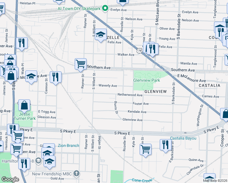 map of restaurants, bars, coffee shops, grocery stores, and more near 1642 Netherwood Avenue in Memphis
