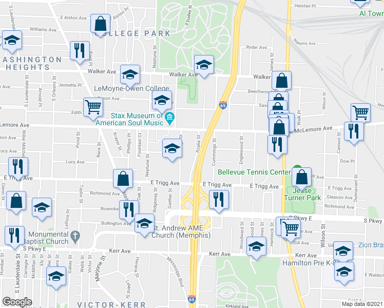 map of restaurants, bars, coffee shops, grocery stores, and more near 1218 College Street in Memphis