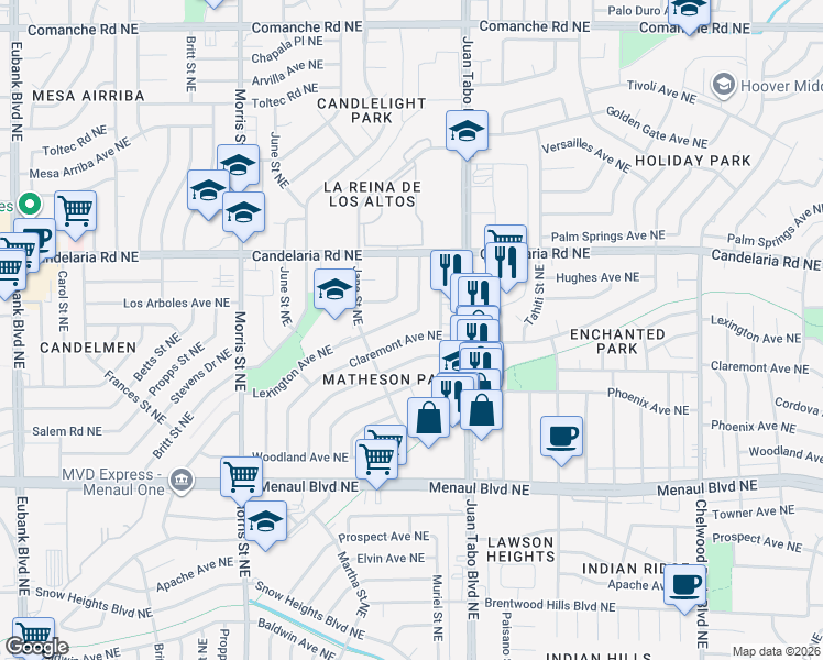 map of restaurants, bars, coffee shops, grocery stores, and more near 11101 Claremont Avenue Northeast in Albuquerque