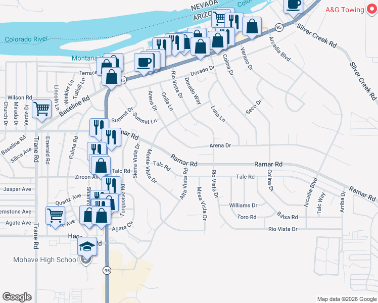 map of restaurants, bars, coffee shops, grocery stores, and more near 1642 Arena Dr in Bullhead City