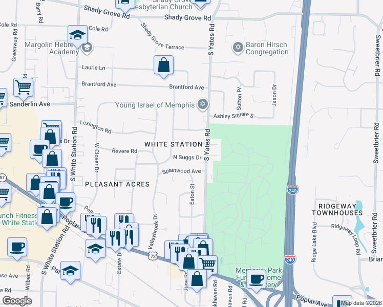 map of restaurants, bars, coffee shops, grocery stores, and more near 5499 North Suggs Drive in Memphis