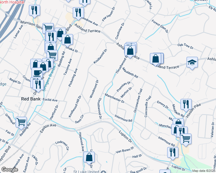 map of restaurants, bars, coffee shops, grocery stores, and more near 3714 Thrushwood Drive in Chattanooga