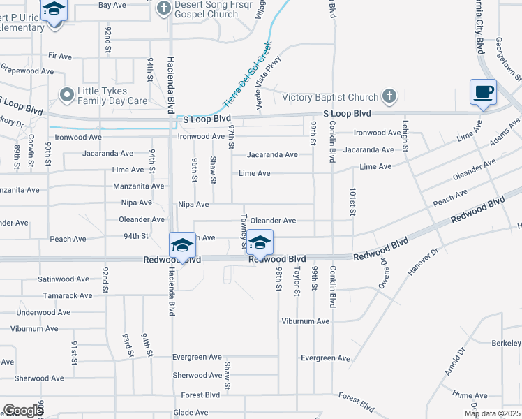 map of restaurants, bars, coffee shops, grocery stores, and more near 9736 Nipa Avenue in California City