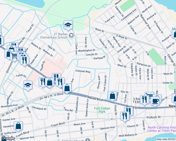 map of restaurants, bars, coffee shops, grocery stores, and more near 1610 Colonial Way in New Bern