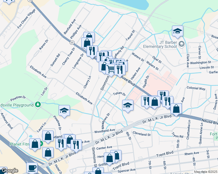 map of restaurants, bars, coffee shops, grocery stores, and more near 1111 Meadows Street in New Bern