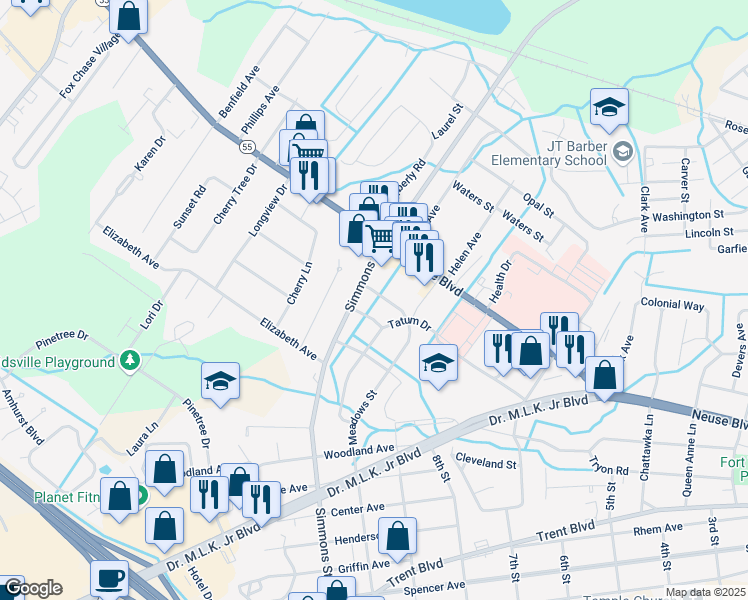 map of restaurants, bars, coffee shops, grocery stores, and more near 1111 Meadows Street in New Bern