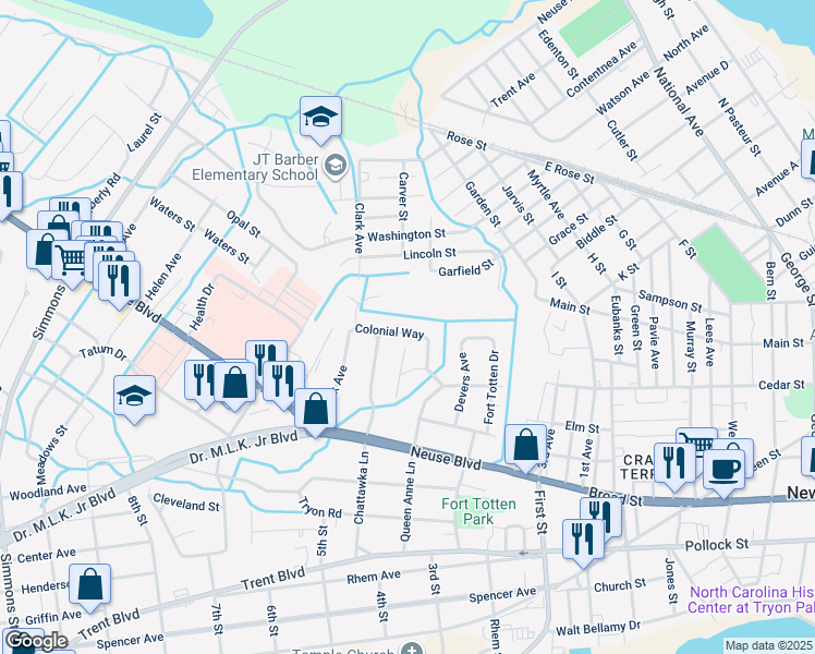 map of restaurants, bars, coffee shops, grocery stores, and more near 1612 Colonial Way in New Bern