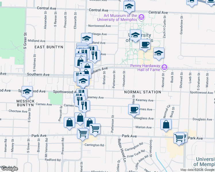 map of restaurants, bars, coffee shops, grocery stores, and more near 3604 Spottswood Avenue in Memphis