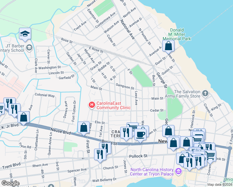 map of restaurants, bars, coffee shops, grocery stores, and more near 824 Eubanks Street in New Bern