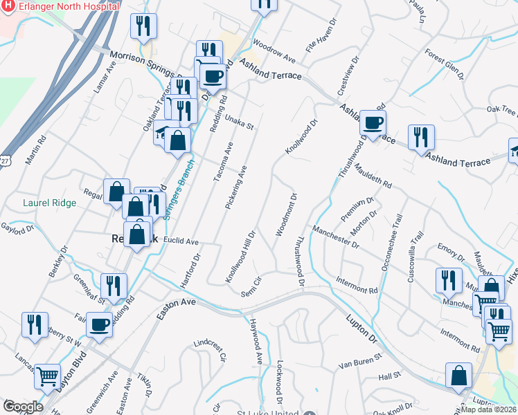 map of restaurants, bars, coffee shops, grocery stores, and more near 3707 Knollwood Drive in Chattanooga