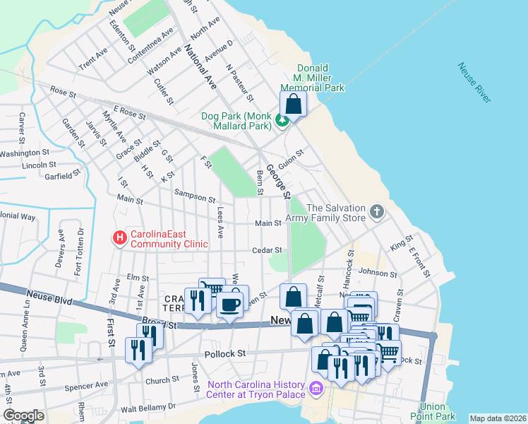 map of restaurants, bars, coffee shops, grocery stores, and more near 730 Main Street in New Bern