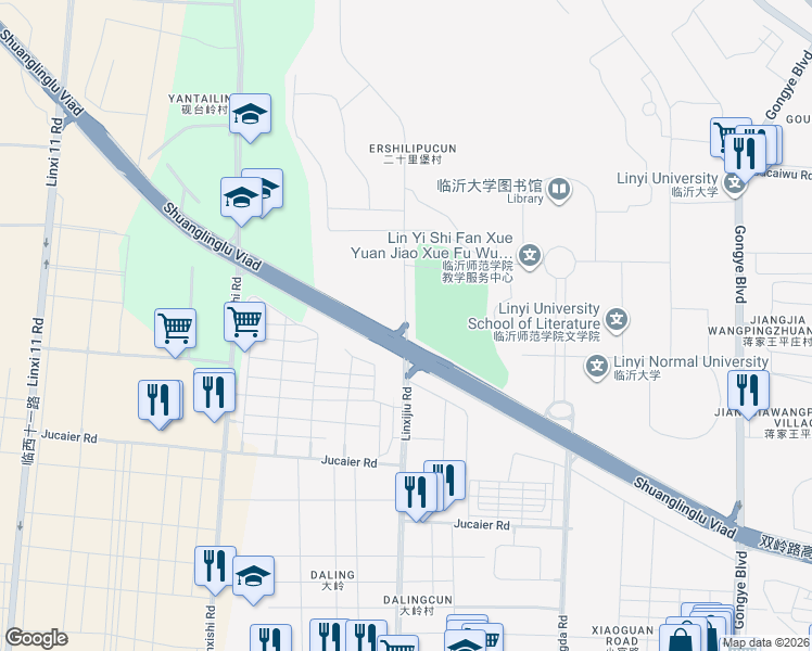 map of restaurants, bars, coffee shops, grocery stores, and more near Shuang Ling Lu in Lin Yi Shi